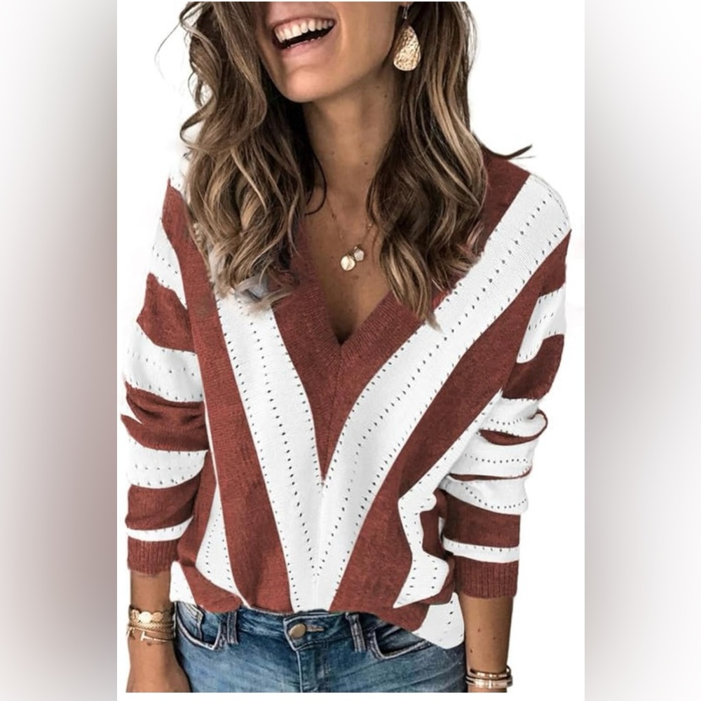 Dokotoo Womens Striped V Neck Cozy Knitted Pullover Sweaters (NWT)size small
